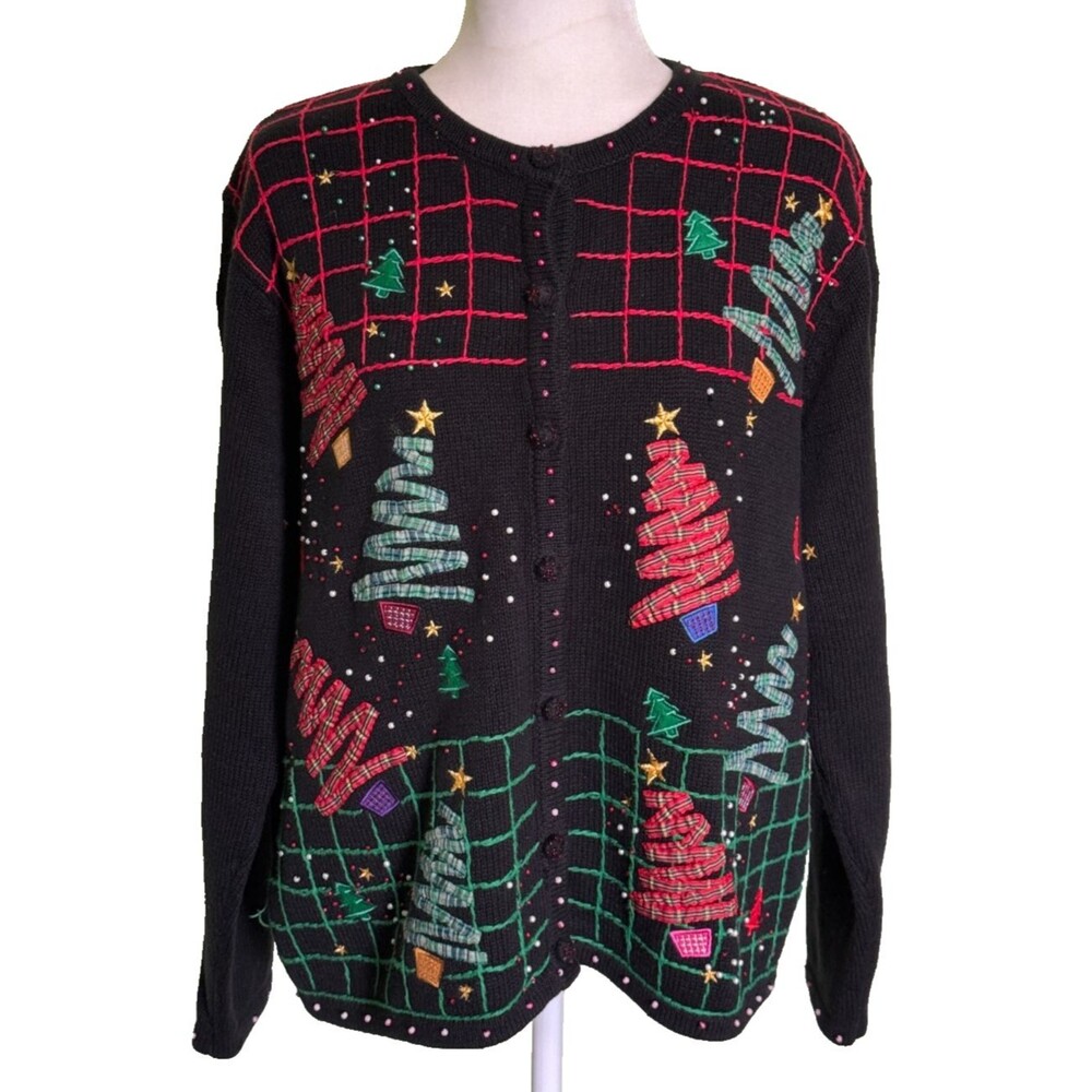 Designers Originals Women's Black Ugly Christmas Sweater Cardigan Size Lg